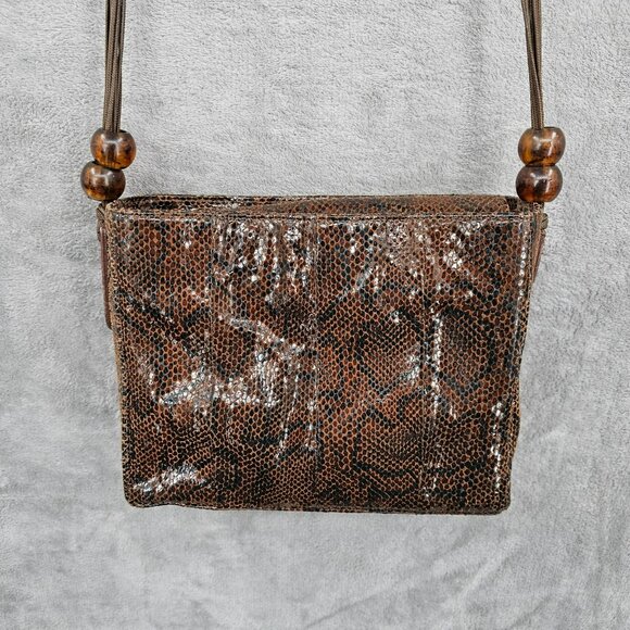Basix New York Snake Print Textured Leather Shoulder Bag Brown Black Beads Strap - Picture 3 of 14